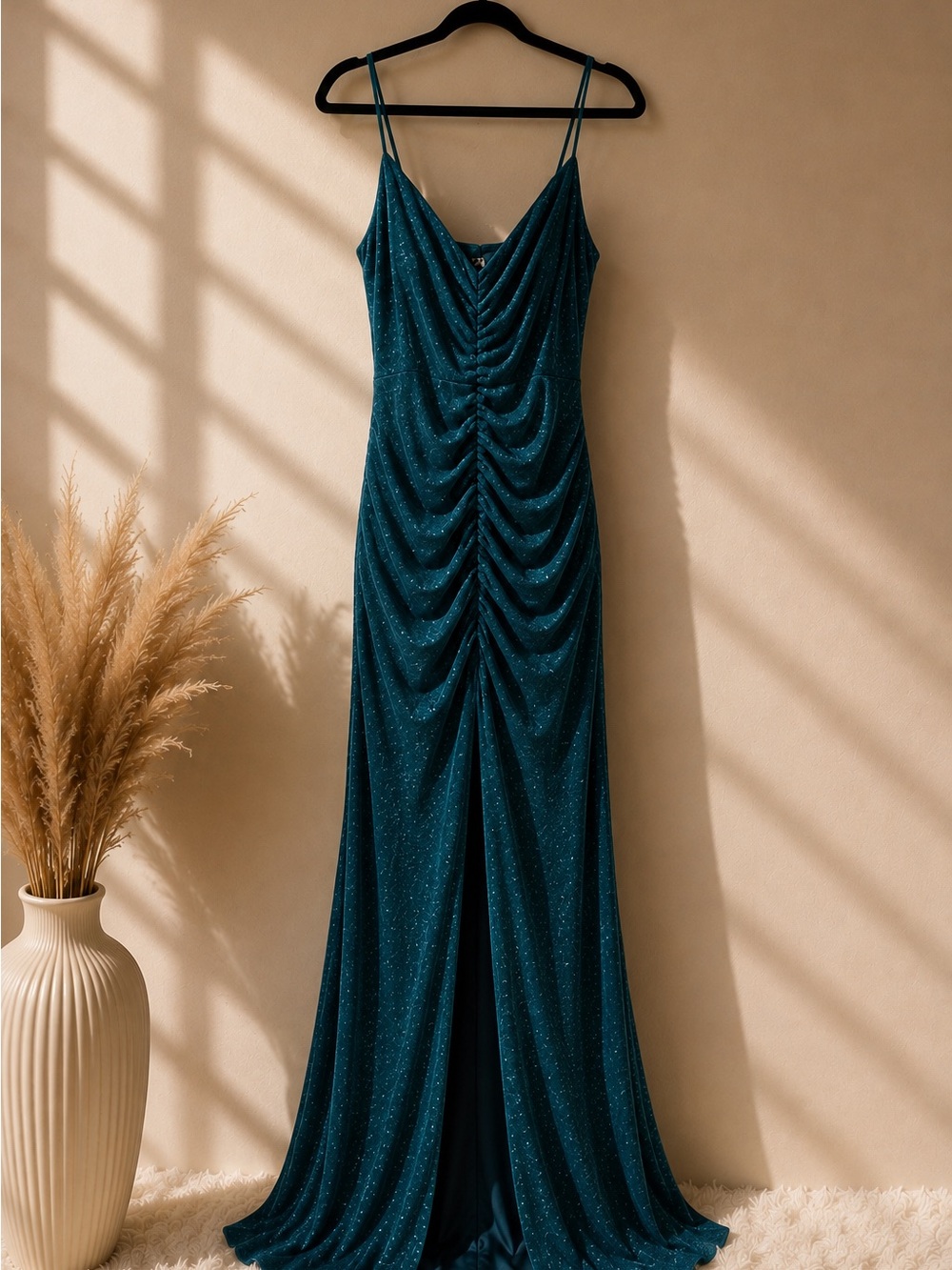 Windsor Teal Sparkle Ruched Maxi Dress